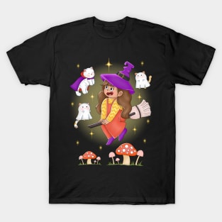 Cute Girl Flying With Cat Dracula And Ghosts T-Shirt